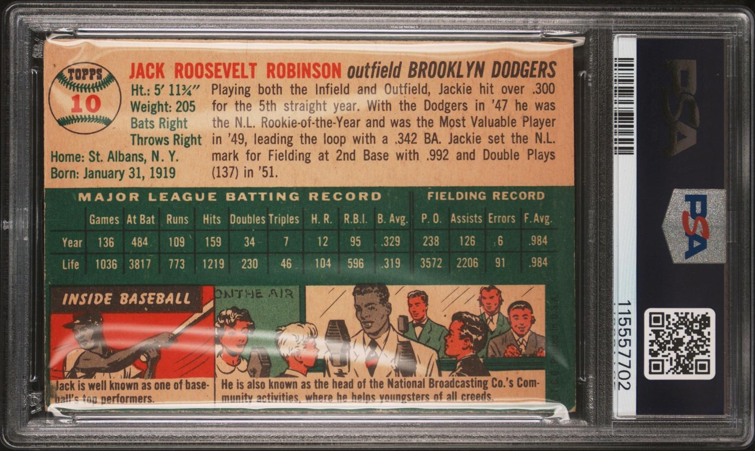 A 1954 Topps Jackie Robinson Baseball Card No. 10 (PSA 3 VG) from The Collection of David Eisenhower