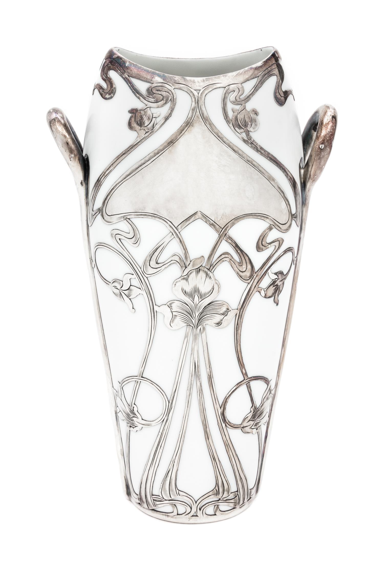 An Art Nouveau Rudolstadt Silver Overlay Porcelain Vase Height 9 1/2 inches.