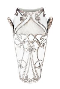 An Art Nouveau Rudolstadt Silver Overlay Porcelain Vase Height 9 1/2 inches.