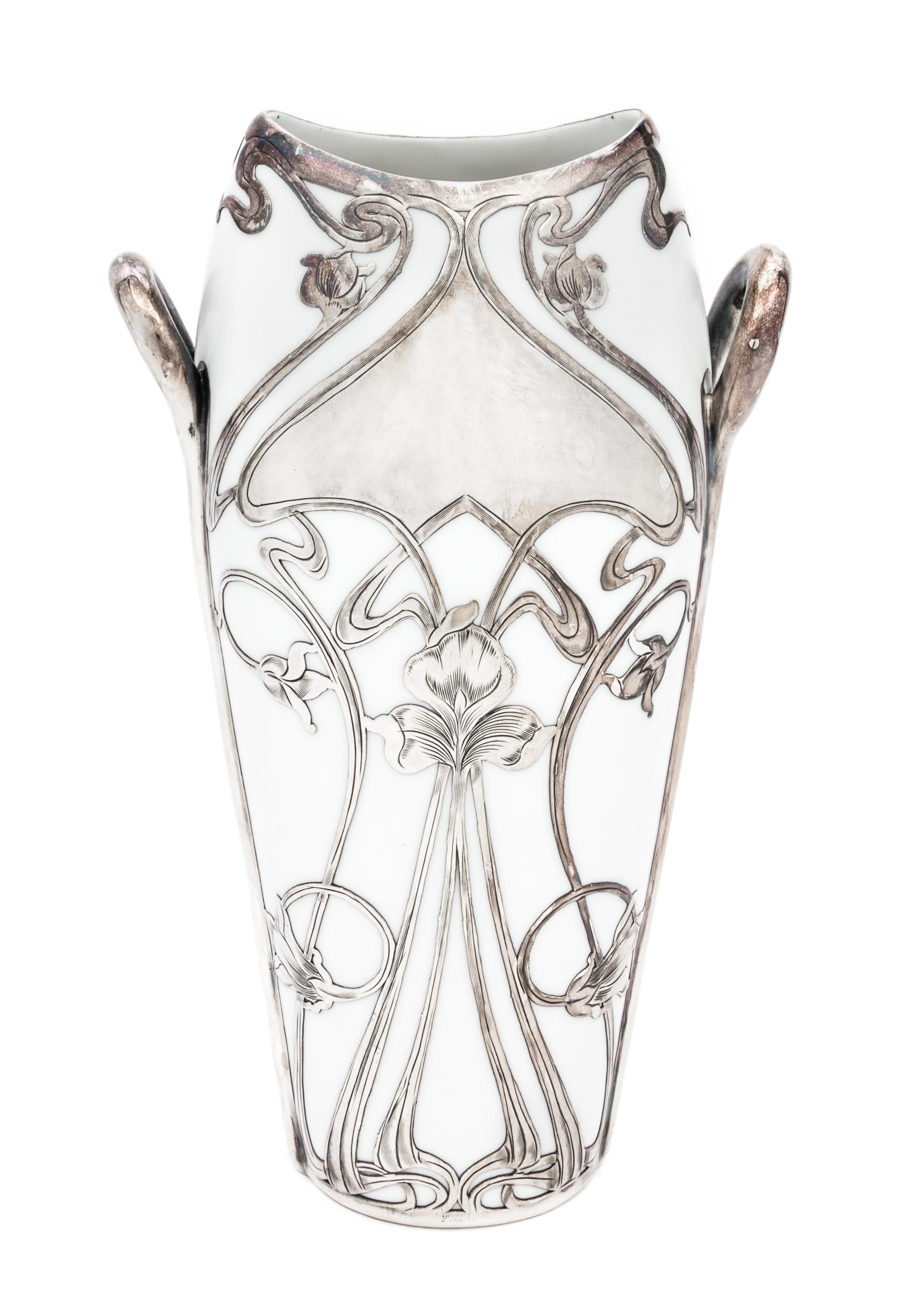 An Art Nouveau Rudolstadt Silver Overlay Porcelain Vase Height 9 1/2 inches.