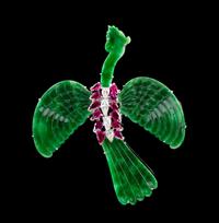 A Jadeite, White Gold, Diamond and Ruby Brooch Height 2 1/4 inches.