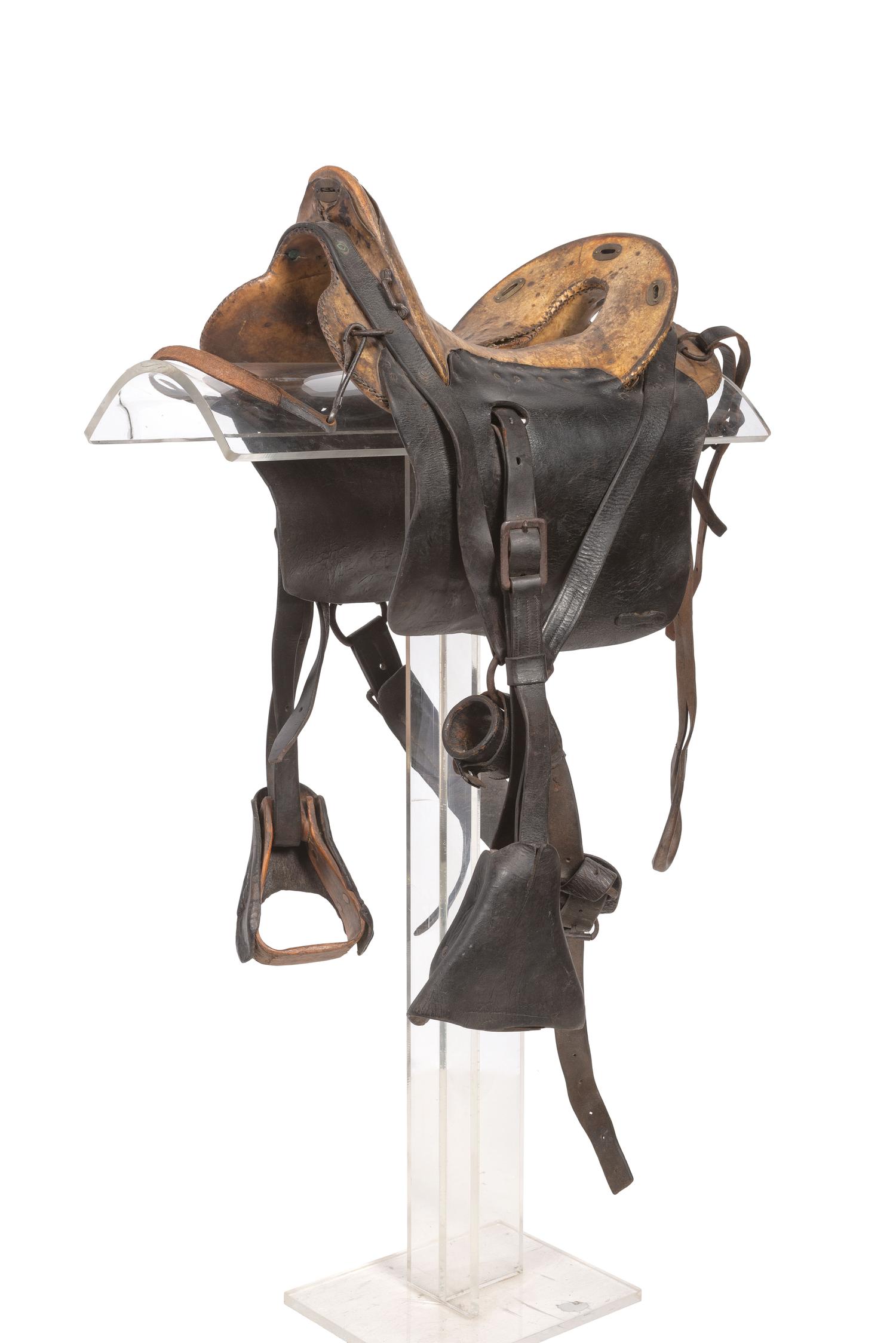 [CIVIL WAR]. Enlisted McClellan Saddle with full rawhide seat, black leather side skirts, and stirrup covers. 1859.