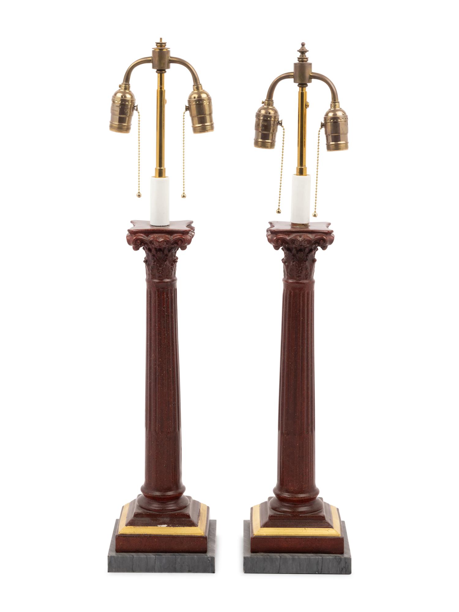 A Pair of Faux Porphyry Painted Columnar Two-Light Lamps with Marble Bases