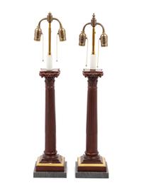 A Pair of Faux Porphyry Painted Columnar Two-Light Lamps with Marble Bases