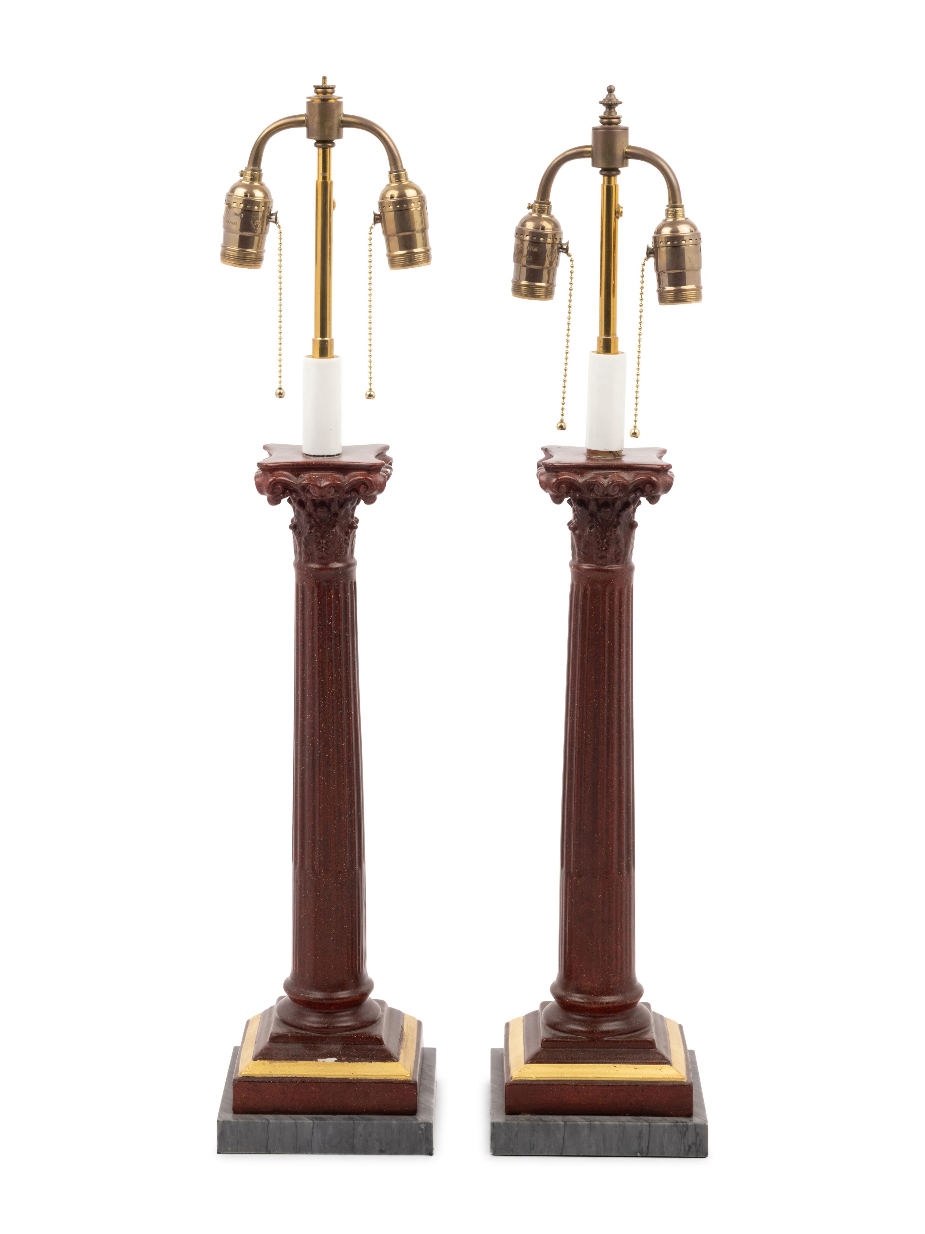 A Pair of Faux Porphyry Painted Columnar Two-Light Lamps with Marble Bases