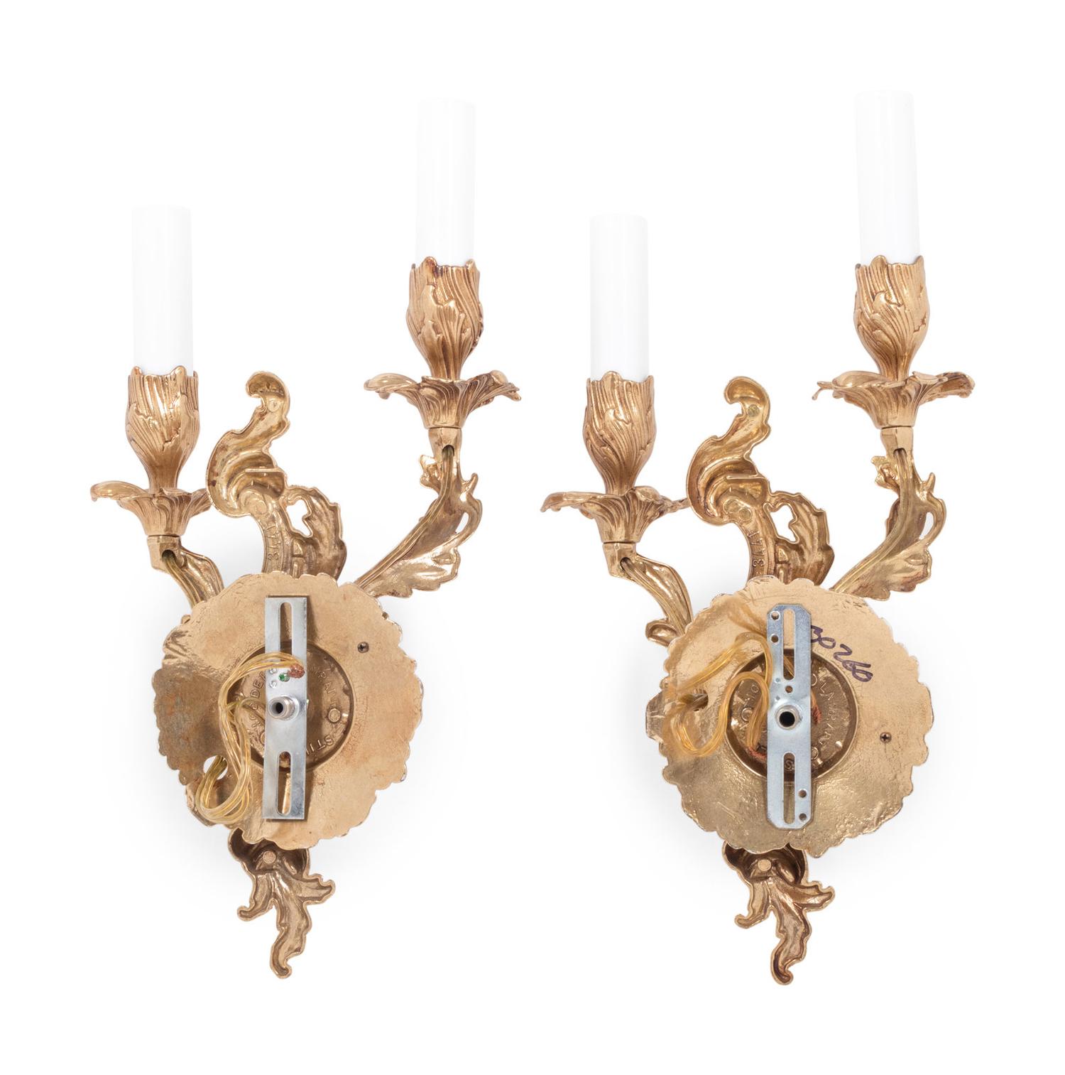 A Pair of Gilt Metal Two-Light Sconces
