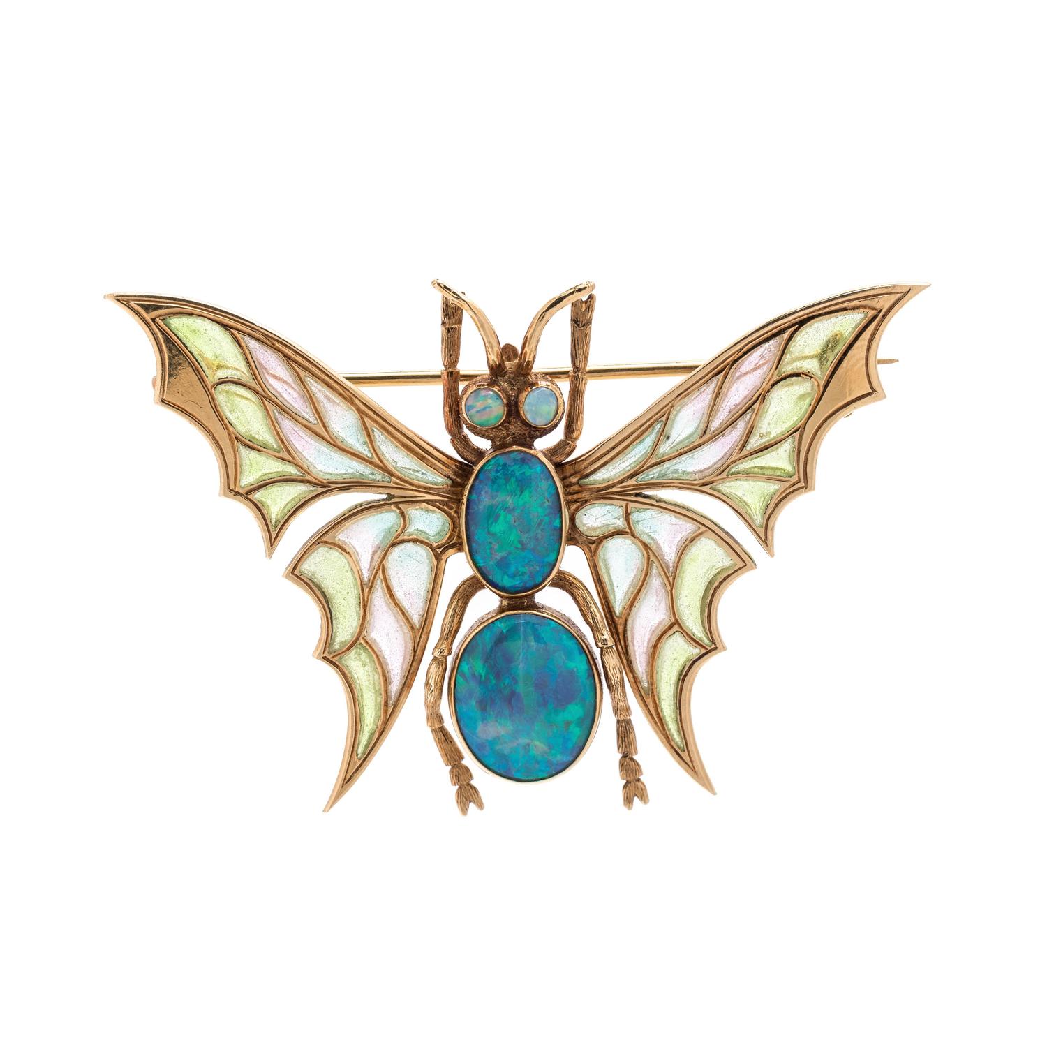 Opal and Plique-à-Jour Enamel Butterfly Brooch