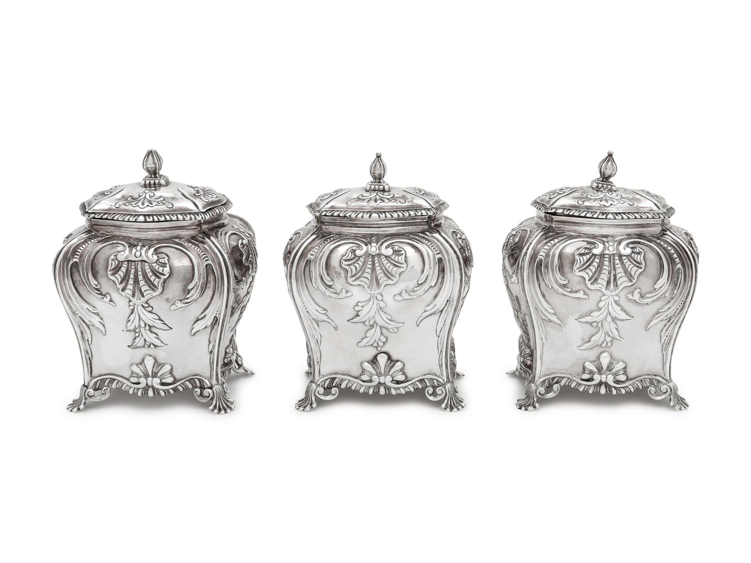 Three George III Silver Tea Caddies in a Leather-Cased Box