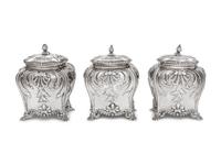 Three George III Silver Tea Caddies in a Leather-Cased Box