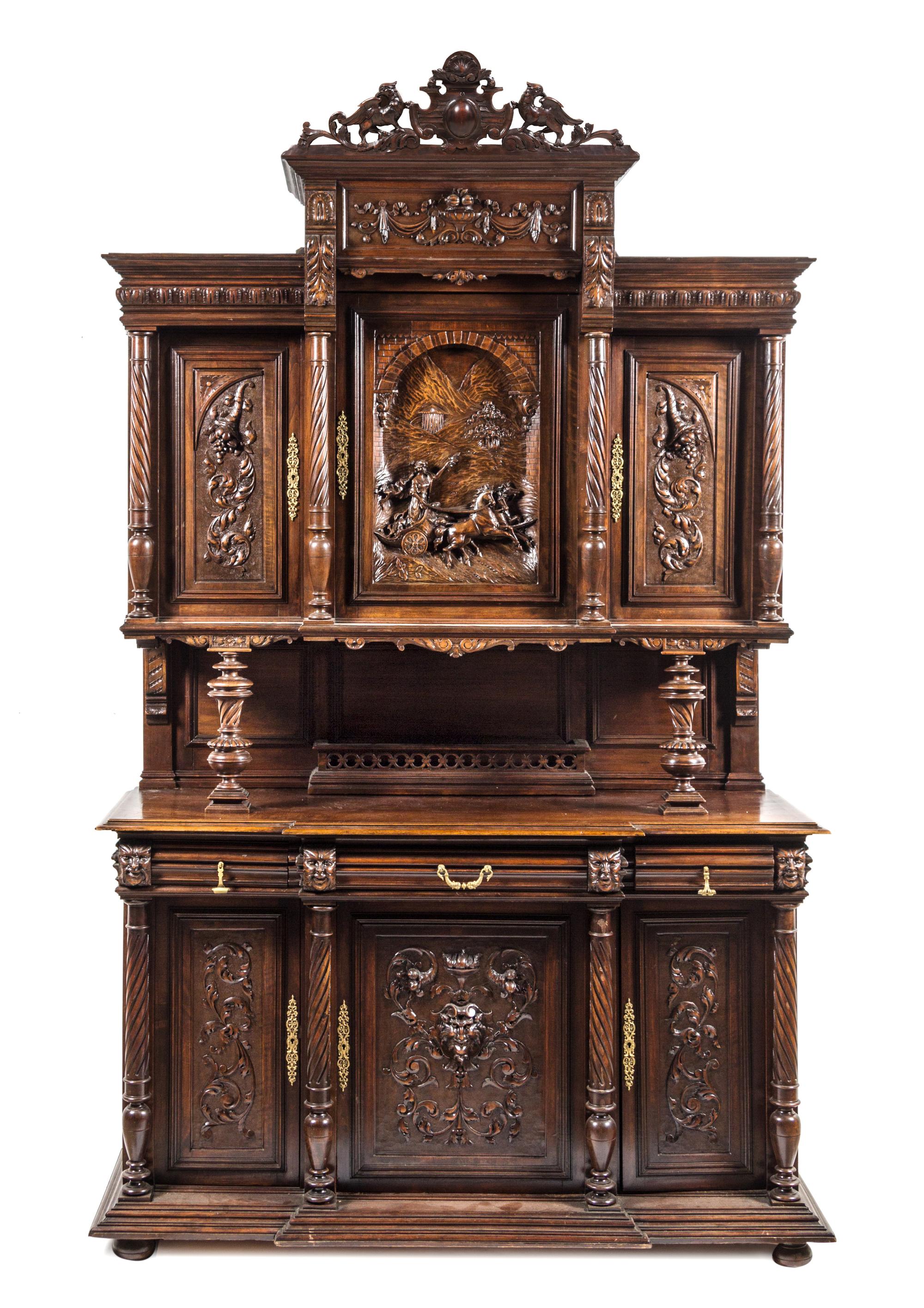 A Renaissance Revival Walnut Server Height 105 1/2 x width 36 1/2 x depth 22 inches. — LATE 19TH CENTURY
