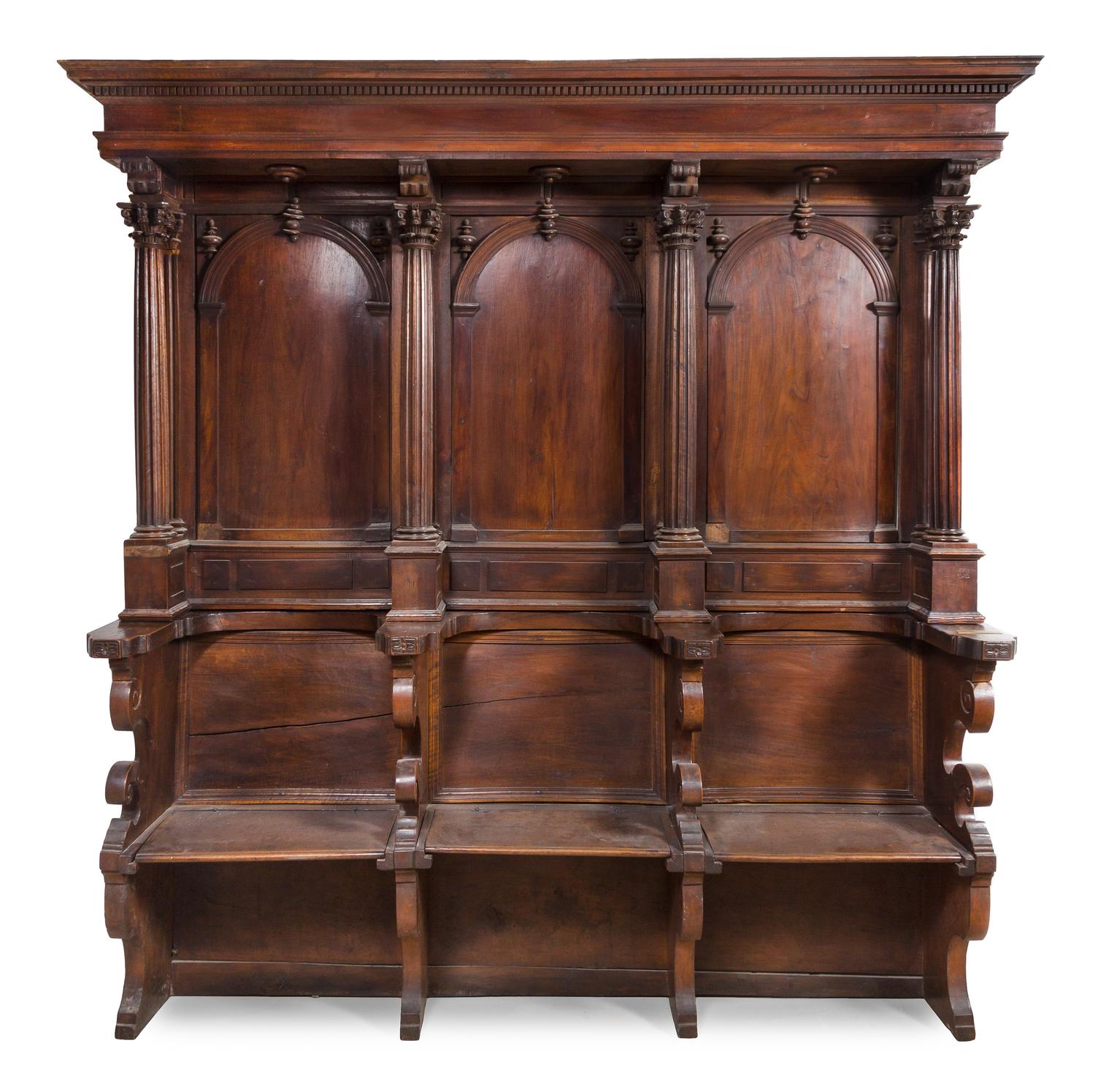 An Italian Walnut Choir Stall Height 92 x width 90 3/4 x depth 19 inches. — 16TH CENTURY WITH LATER ELEMENTS