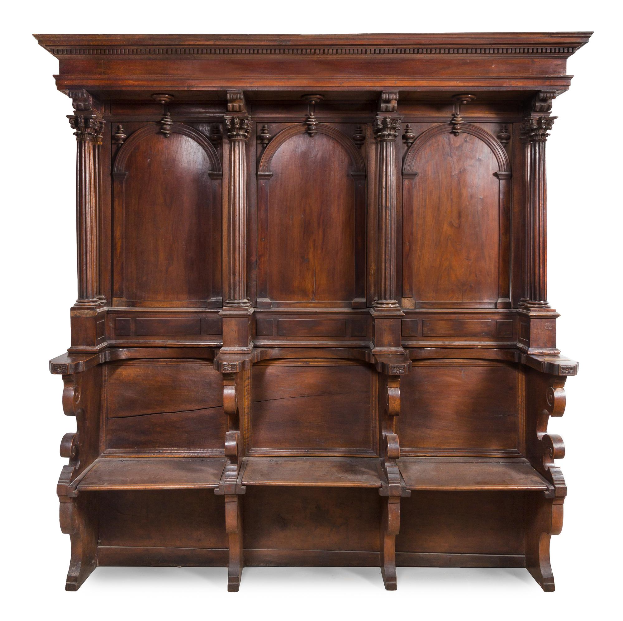 An Italian Walnut Choir Stall Height 92 x width 90 3/4 x depth 19 inches. — 16TH CENTURY WITH LATER ELEMENTS