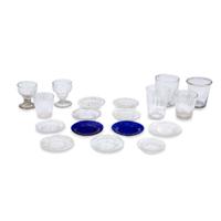 Group of uncolored mold-blown and uncolored and dark blue pressed glass tablewares 19th century