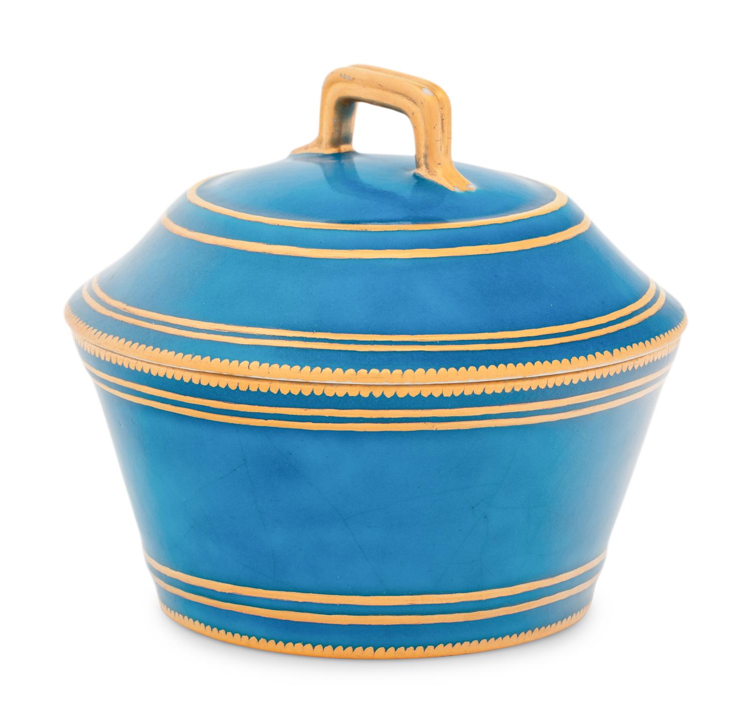 A Vincennes Bleu Céleste Plein Porcelain Sugar Bowl and Cover ( Pot à Sucre ' à Cerceau' ou 'à Cuvier', 1ère Grandeur )