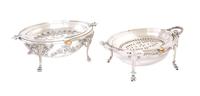 Two English Silver Plate Chaffing Dishes Height of larger 7 1/2, width 12 3/4 x depth 8 inches. — Elkington & Co. Birmingham and Walker & Hall, Sheffield.