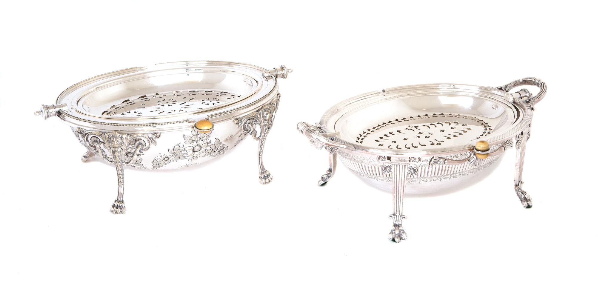 Two English Silver Plate Chaffing Dishes Height of larger 7 1/2, width 12 3/4 x depth 8 inches. — Elkington & Co. Birmingham and Walker & Hall, Sheffield.