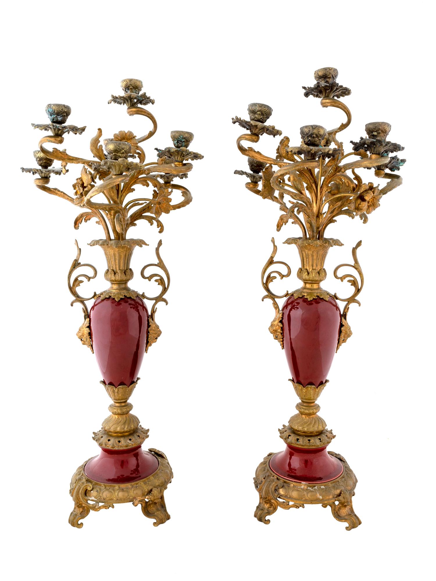 A Pair of Louis XVI Style Bronze Mounted Porcelain Seven-Light Candelabra — 19TH CENTURY