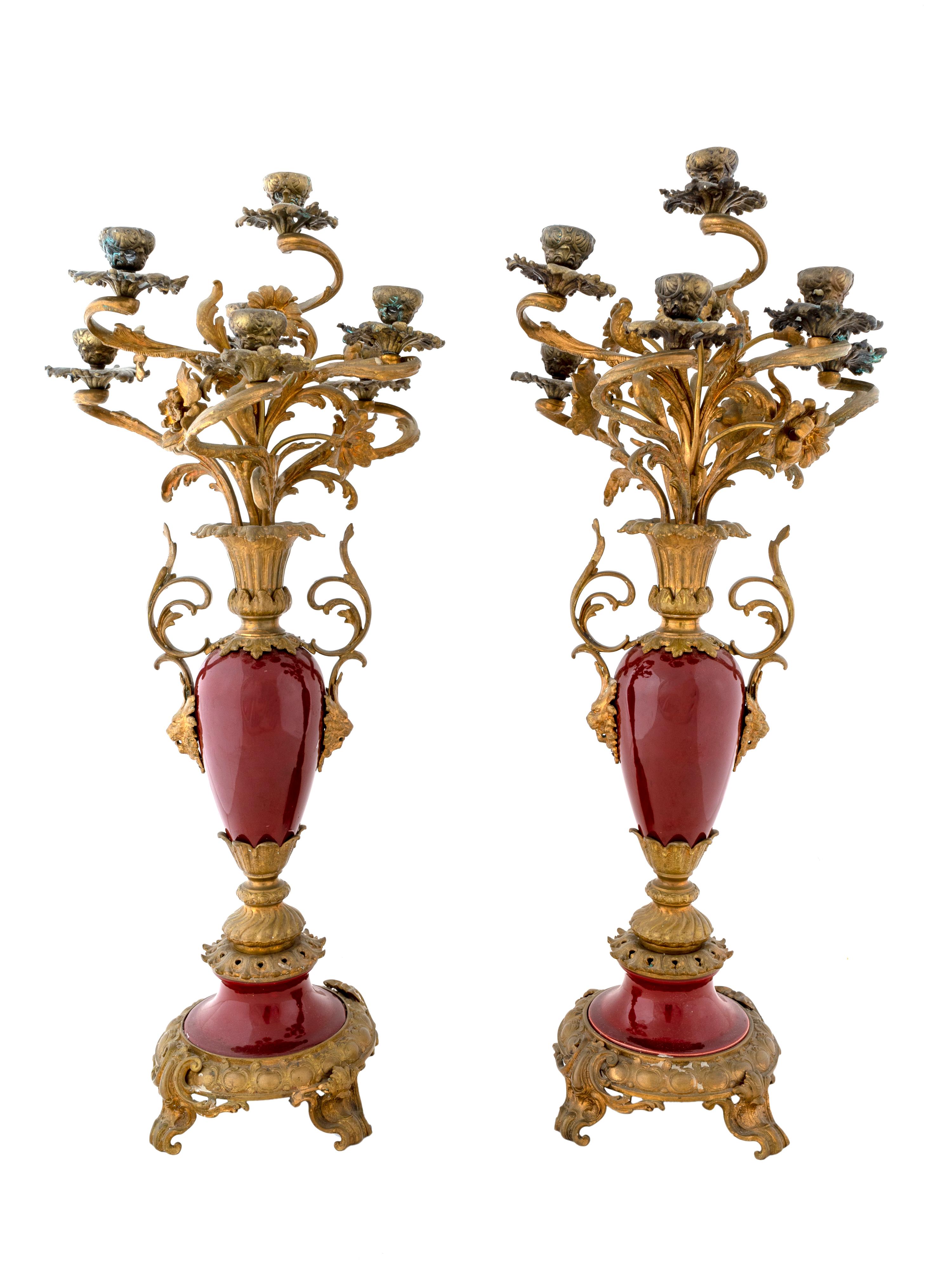 A Pair of Louis XVI Style Bronze Mounted Porcelain Seven-Light Candelabra — 19TH CENTURY