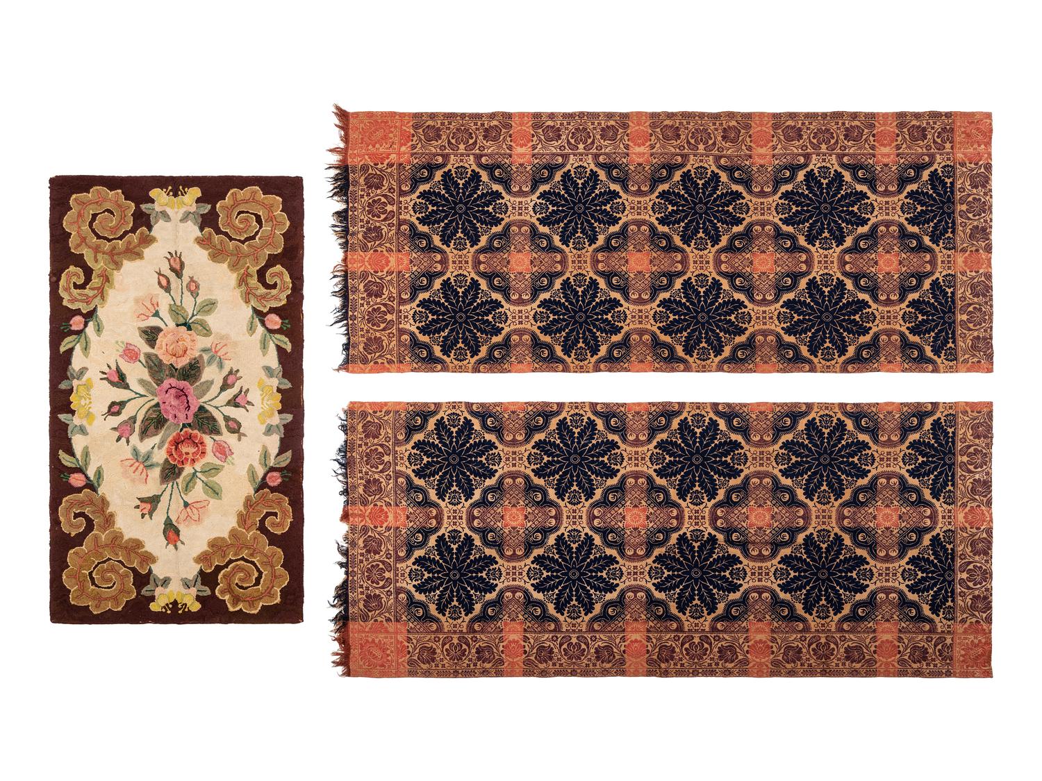 Two Coverlets and a Hooked Rug