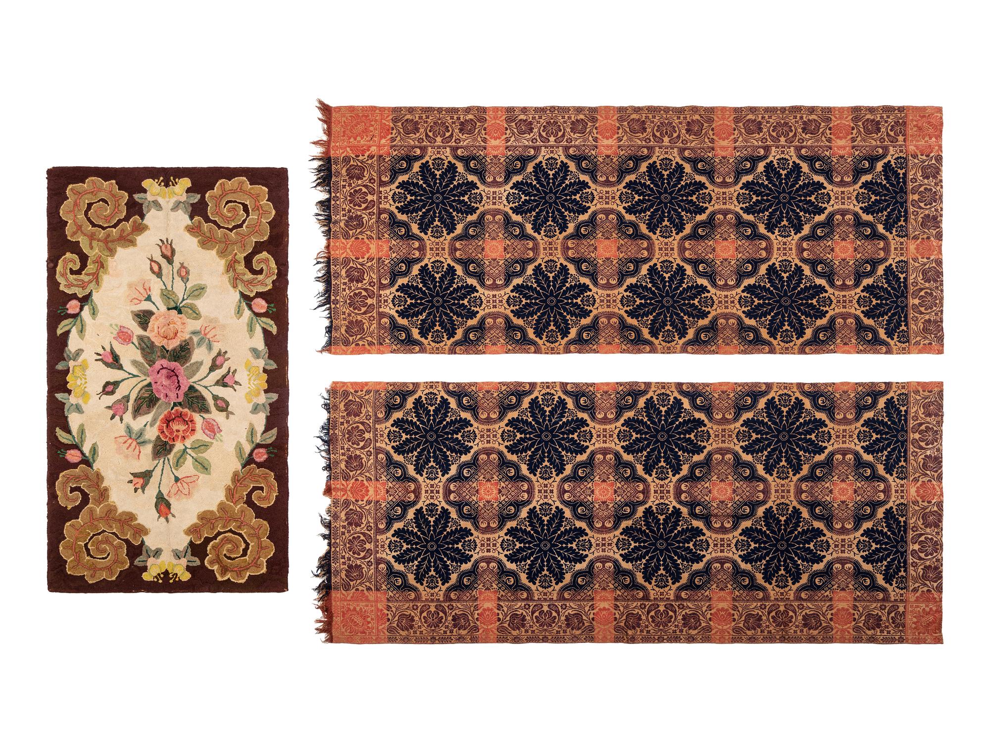 Two Coverlets and a Hooked Rug
