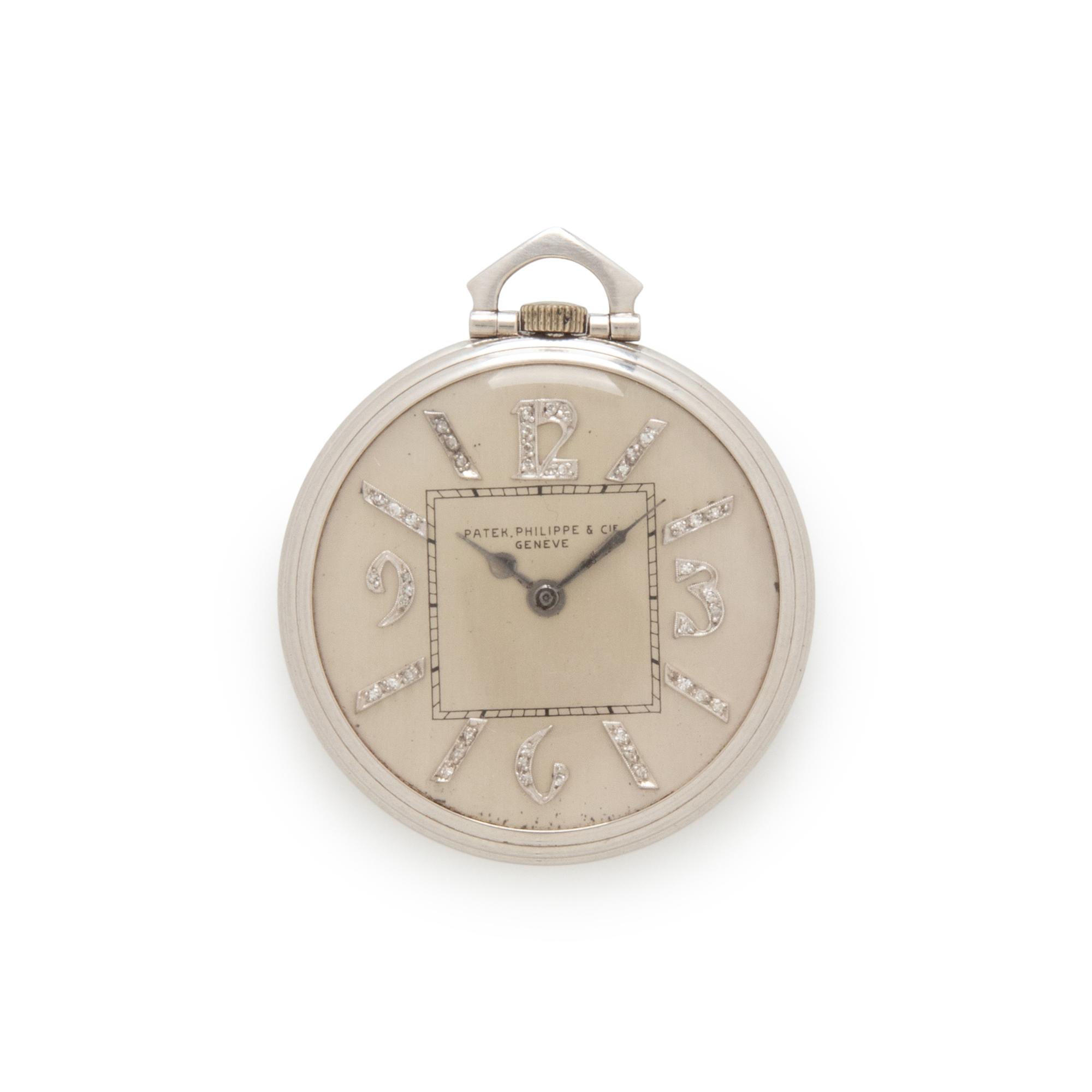 PATEK PHILIPPE, PLATINUM AND DIAMOND OPEN FACE POCKET WATCH