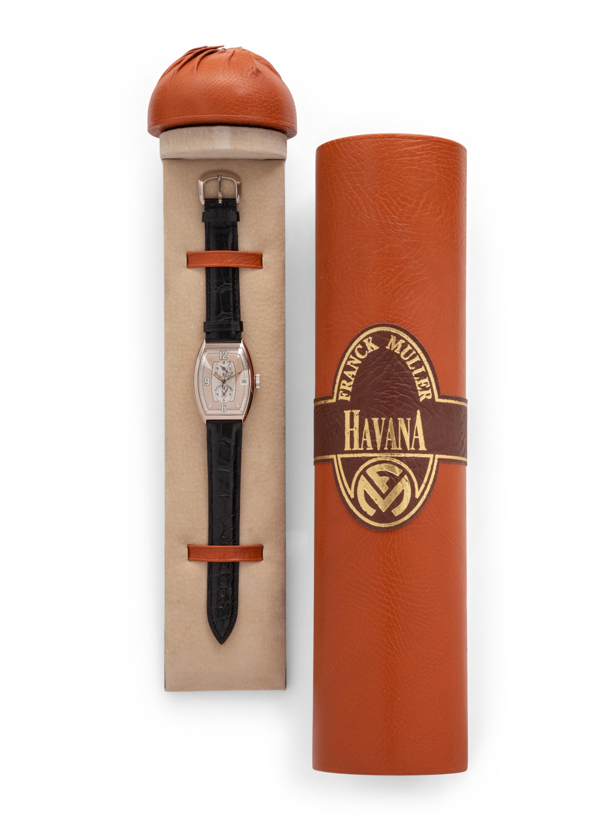 FRANCK MULLER, 18K WHITE GOLD TRIPLE-TIME 'CINTRÉE CURVEX MASTER BANKER HAVANA' WATCH