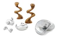 Jordan Mozer, (American, b.1958), a group of metal table articles comprising a pair of candlesticks, bowl and two decorative articles