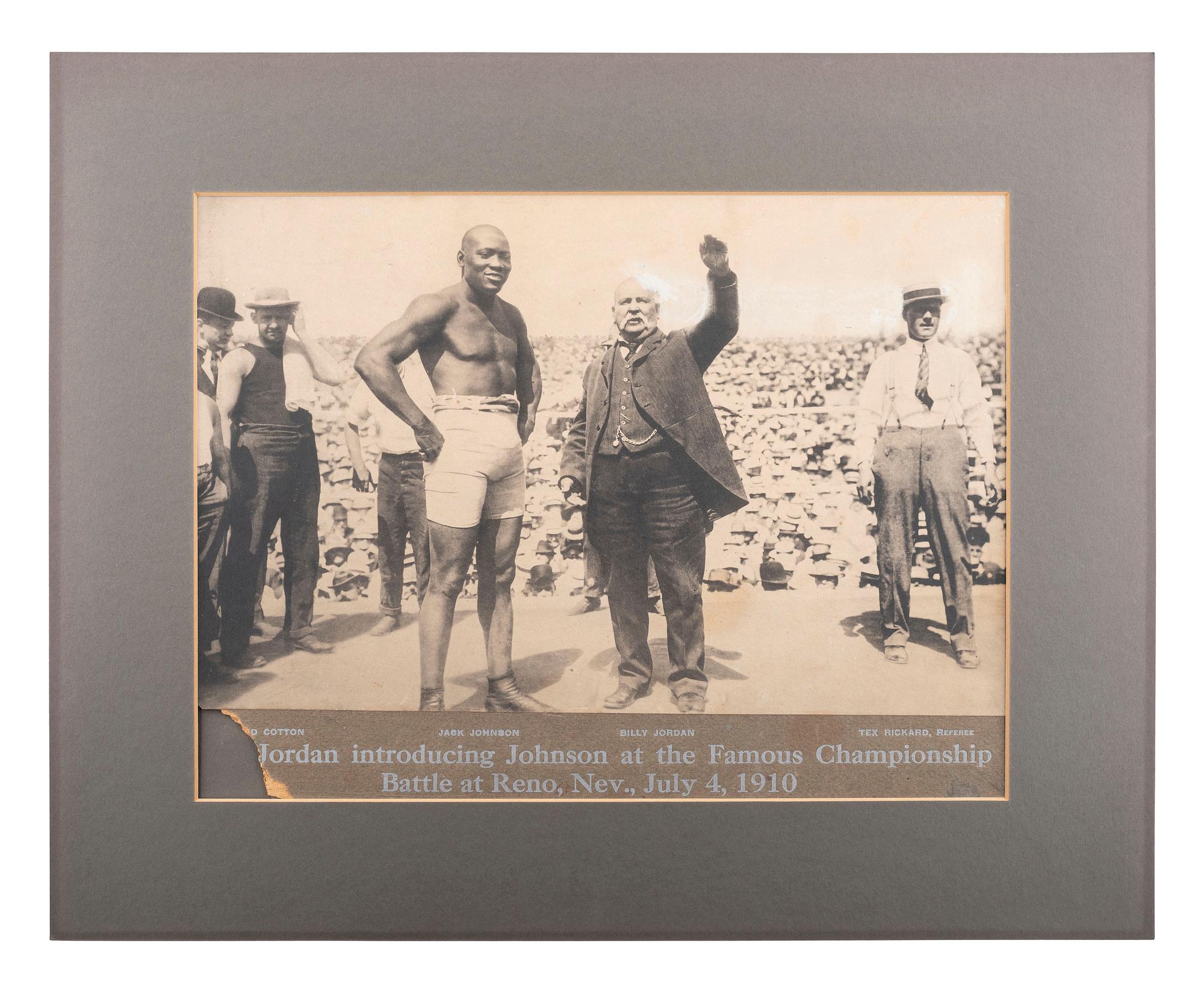 [BOXING]. A group of 3 large format photographs of the Jack Johnson and James Jeffries championship battle at Reno, Nevada. 4 July 1910.
