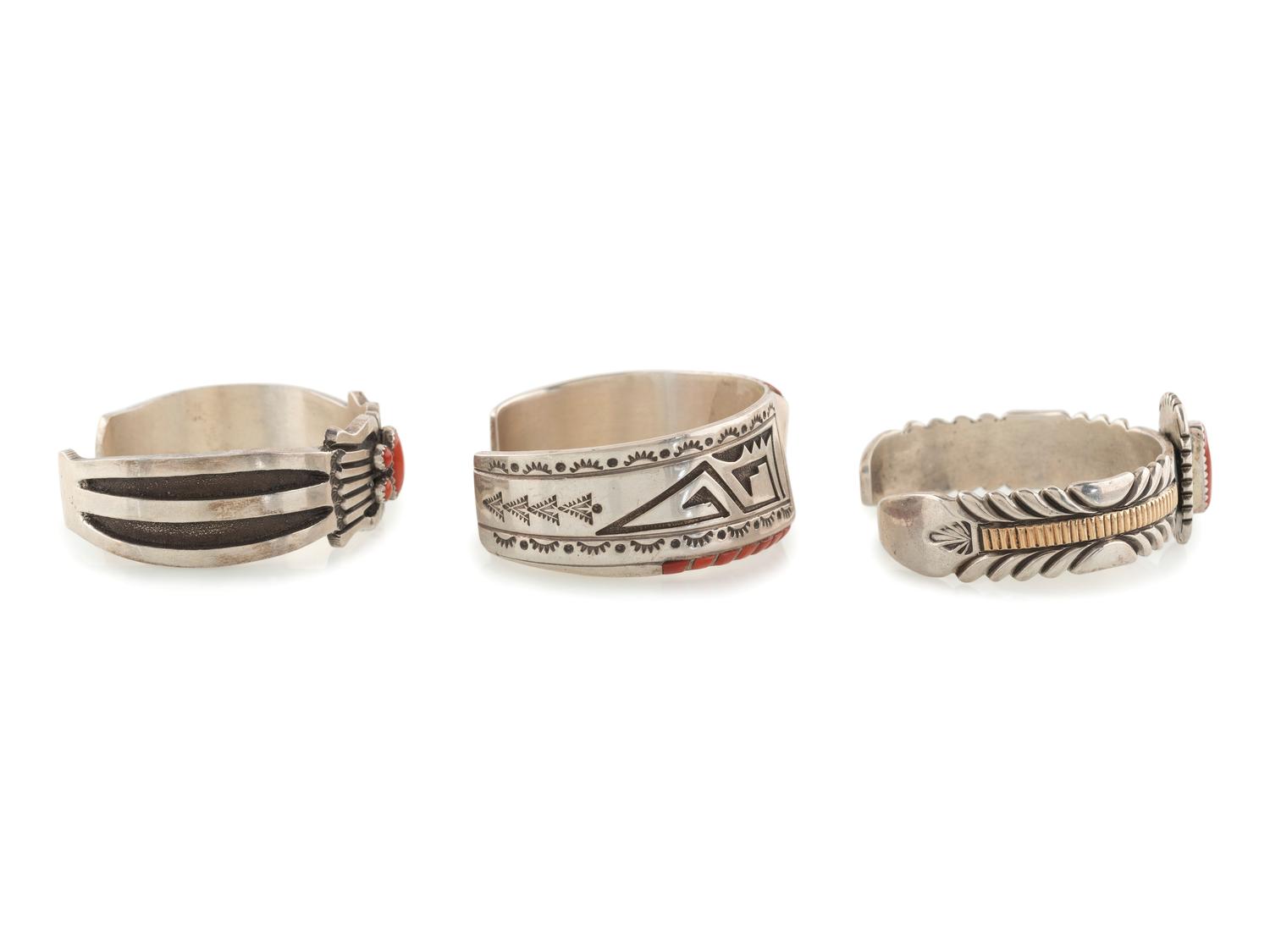 Navajo Sterling Silver and Coral Cuff Bracelets