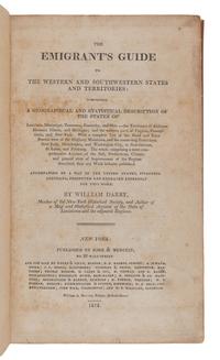 DARBY, William (1775-1854). The Emigrant's Guide to the Western and Southwestern States and Territories . New York: Kirk & Mercein, 1818.