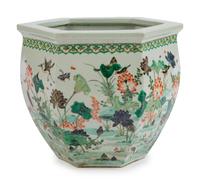 A Chinese Export Famille Verte Hexagonal Jardinière