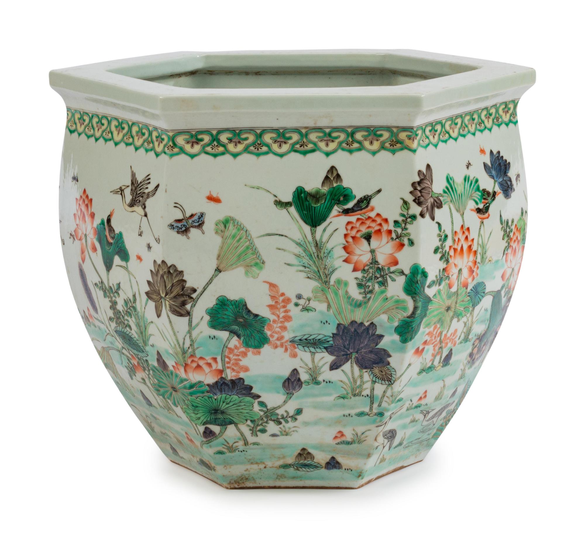 A Chinese Export Famille Verte Hexagonal Jardinière