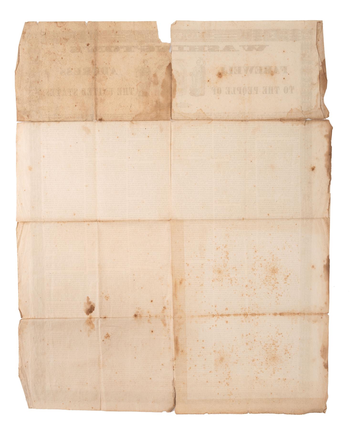 [WASHINGTON, George (1712-1799)]. A group of 5 items, highlighted by Washington's Farewell Address to the People of the United States . Hagerstown, MD: Herald of Freedom Office, ca 1860s.