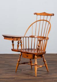 A D.R. Dimes Turned and Volute Carved Tiger Maple Windsor Three-Back Writing Armchair