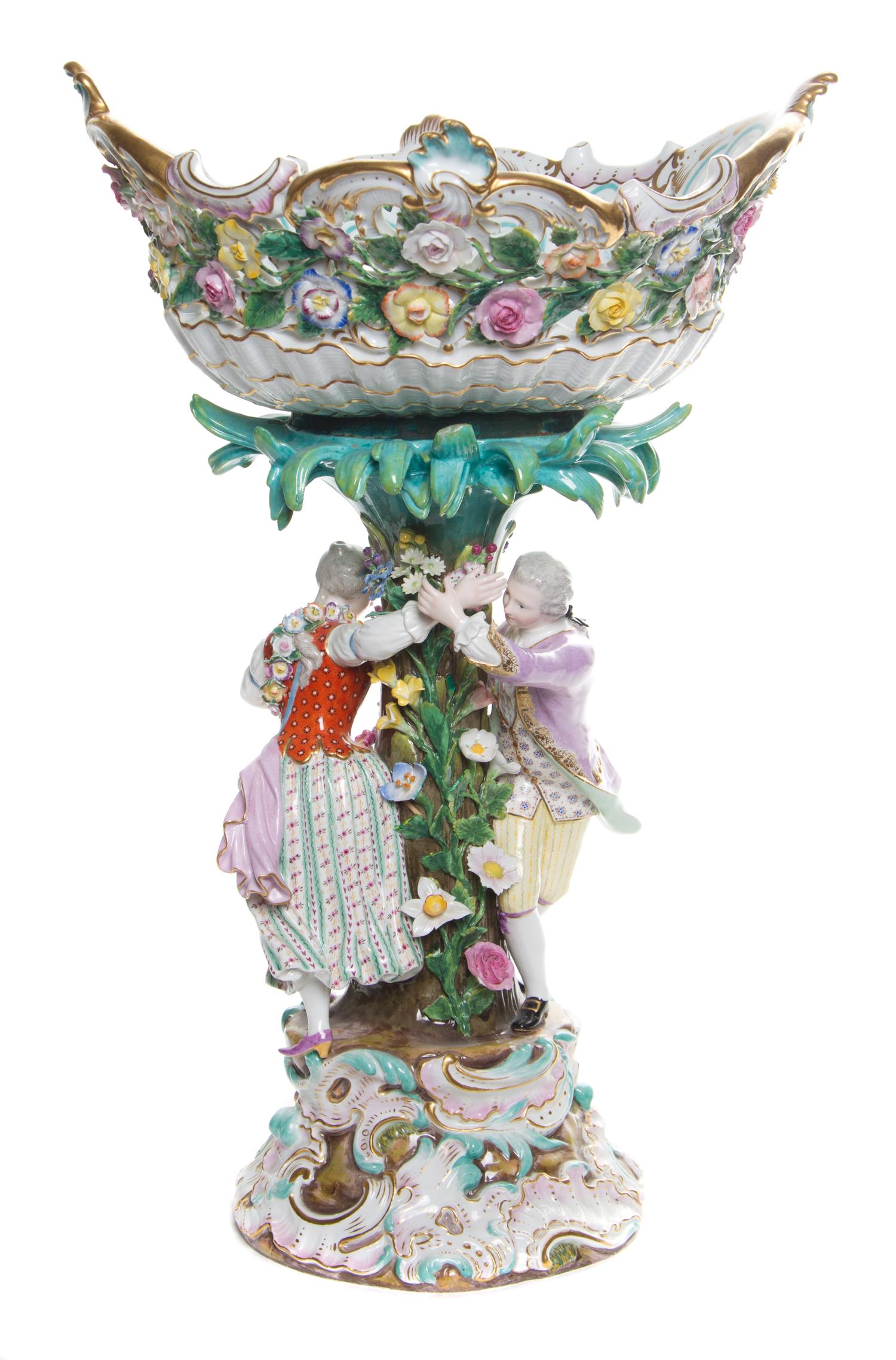 A Meissen Porcelain Figural Centerpiece Height 18 3/4 inches.
