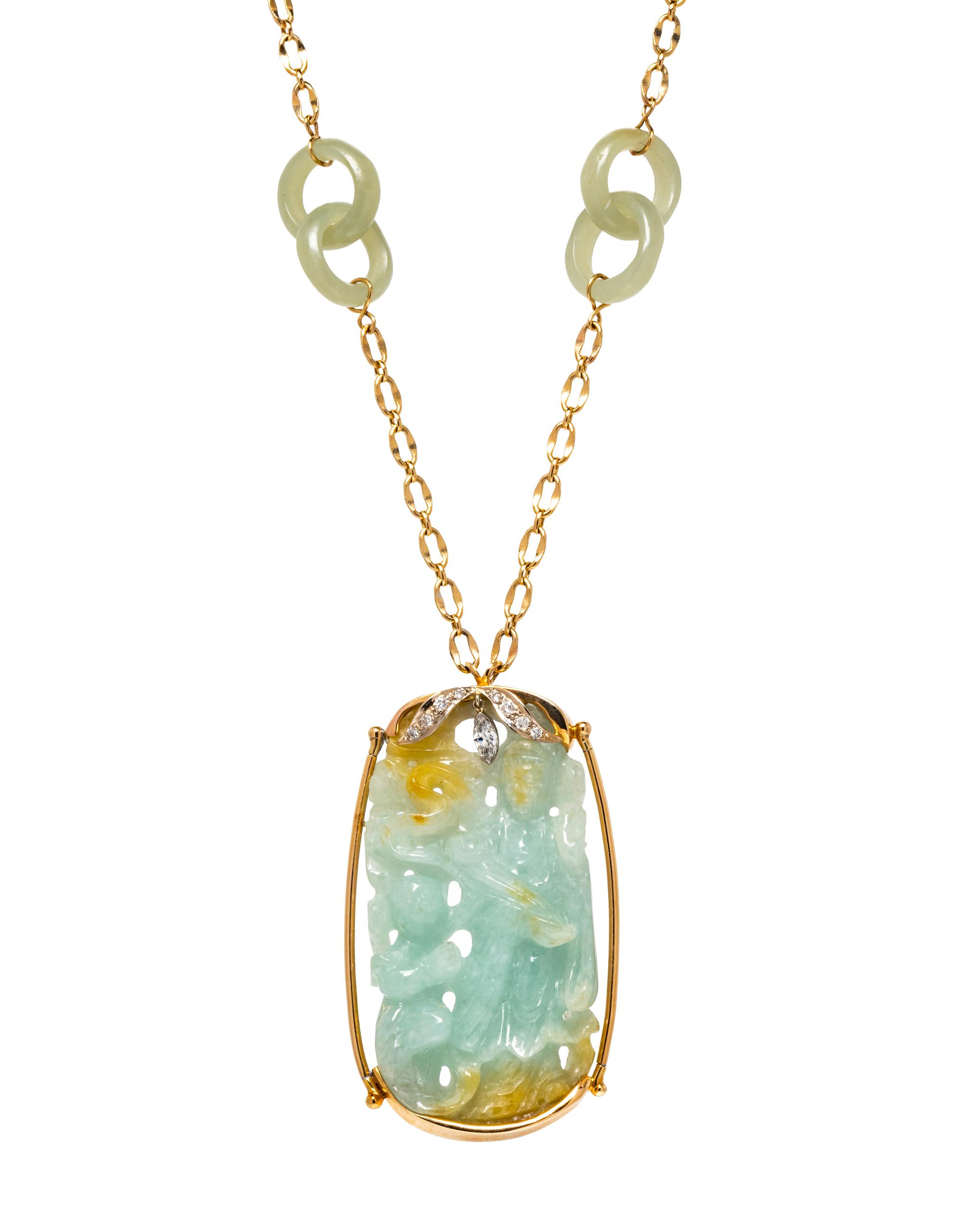 A 14 Karat Bicolor Jadeite and Diamond Necklace,