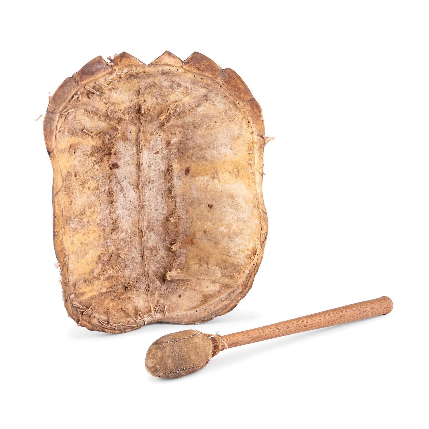 Great Lakes Turtle Shell Drum Remnant, with Drum Beater