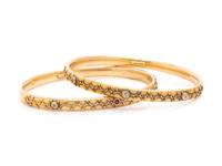 PAIR OF YELLOW GOLD AND DIAMOND BANGLE BRACELETS