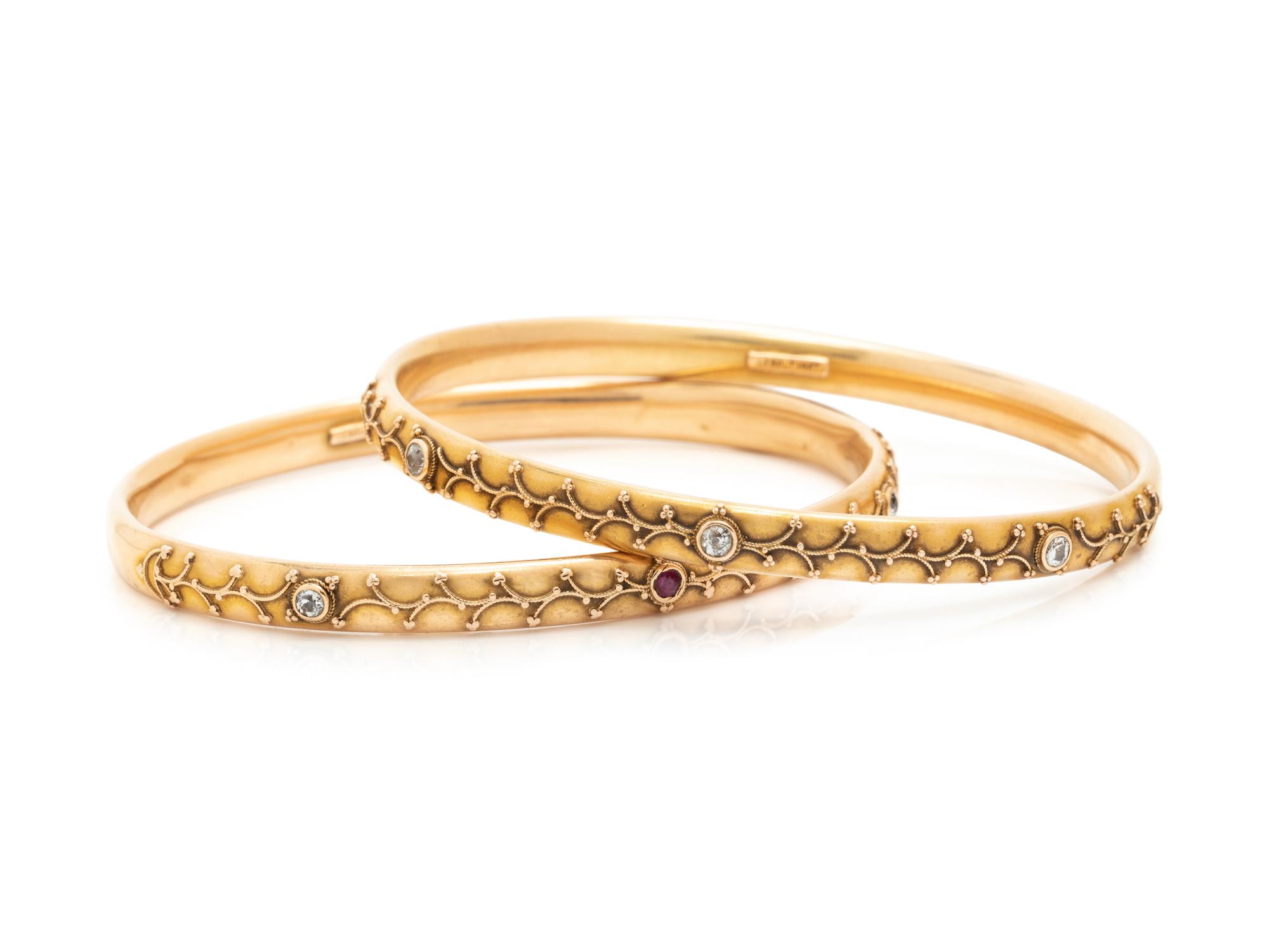 PAIR OF YELLOW GOLD AND DIAMOND BANGLE BRACELETS
