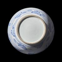 A Japanese Hirado Blue and White 'Daimyo and Fuji' Spherical Jar and Cover, Meiji Period