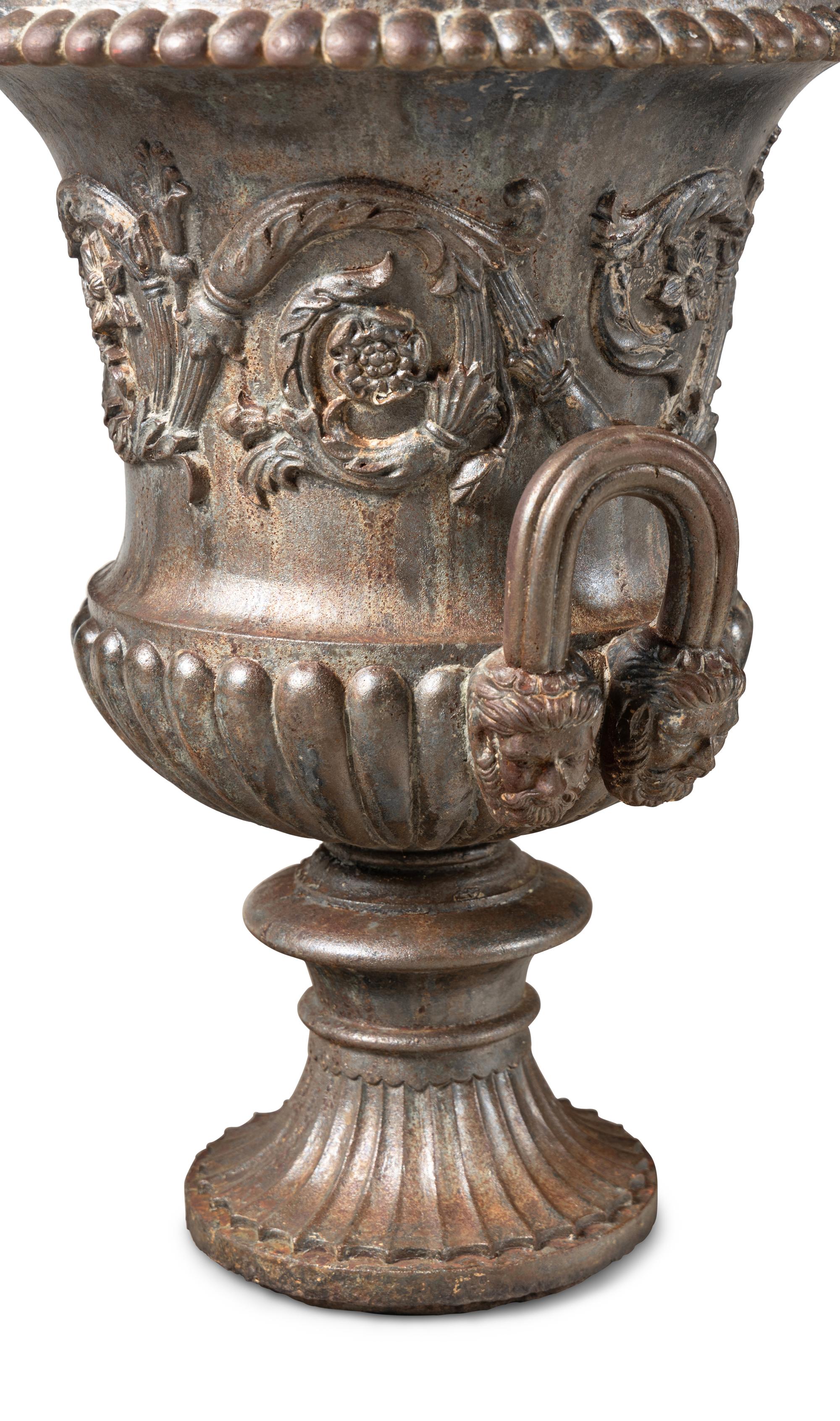 A Pair of Cast Iron Campagna-Form Garden Urns