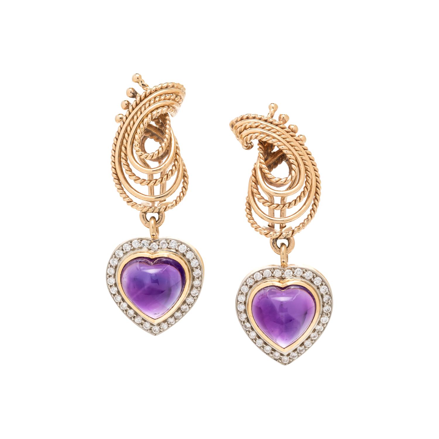 YELLOW GOLD, AMETHYST AND DIAMOND EARCLIPS