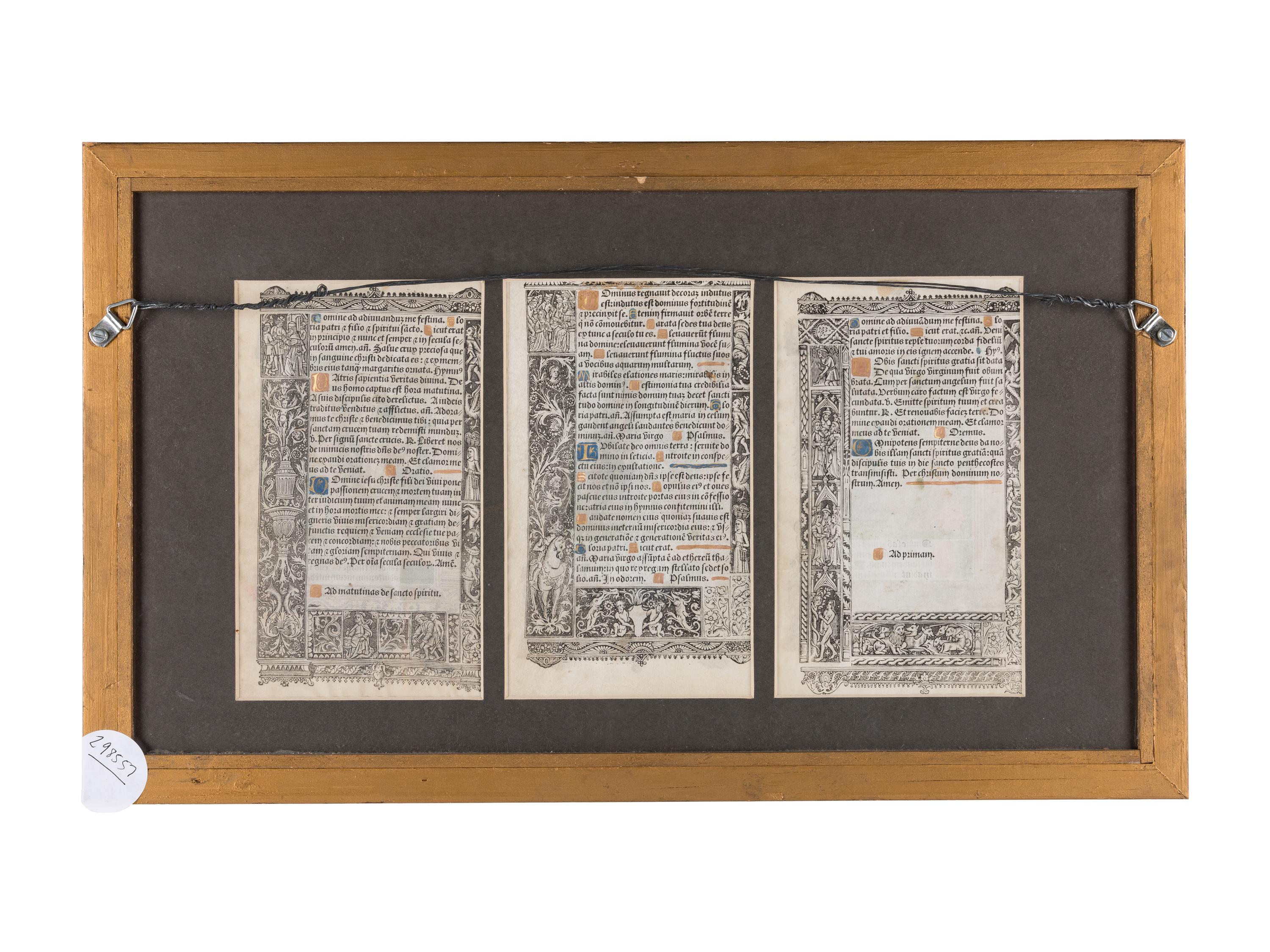 [BOOK OF HOURS]. HARDOUYN, Gilles and Germain (Paris, ca. 1500). A group of 5 printed leaves from a French Book of Hours, likely executed in the workshop of Gilles and Germain Hardouyn (Active ca. 1491-1541). Latin.