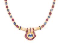 SAPPHIRE, RUBY, DIAMOND AND YELLOW GOLD NECKLACE