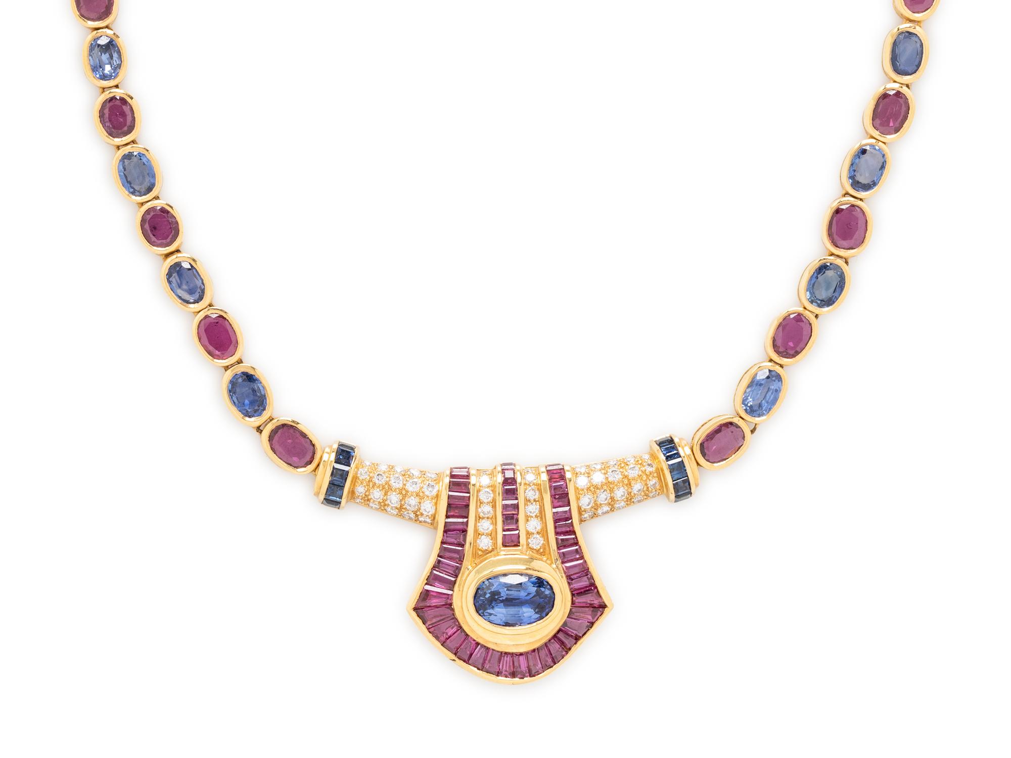 SAPPHIRE, RUBY, DIAMOND AND YELLOW GOLD NECKLACE