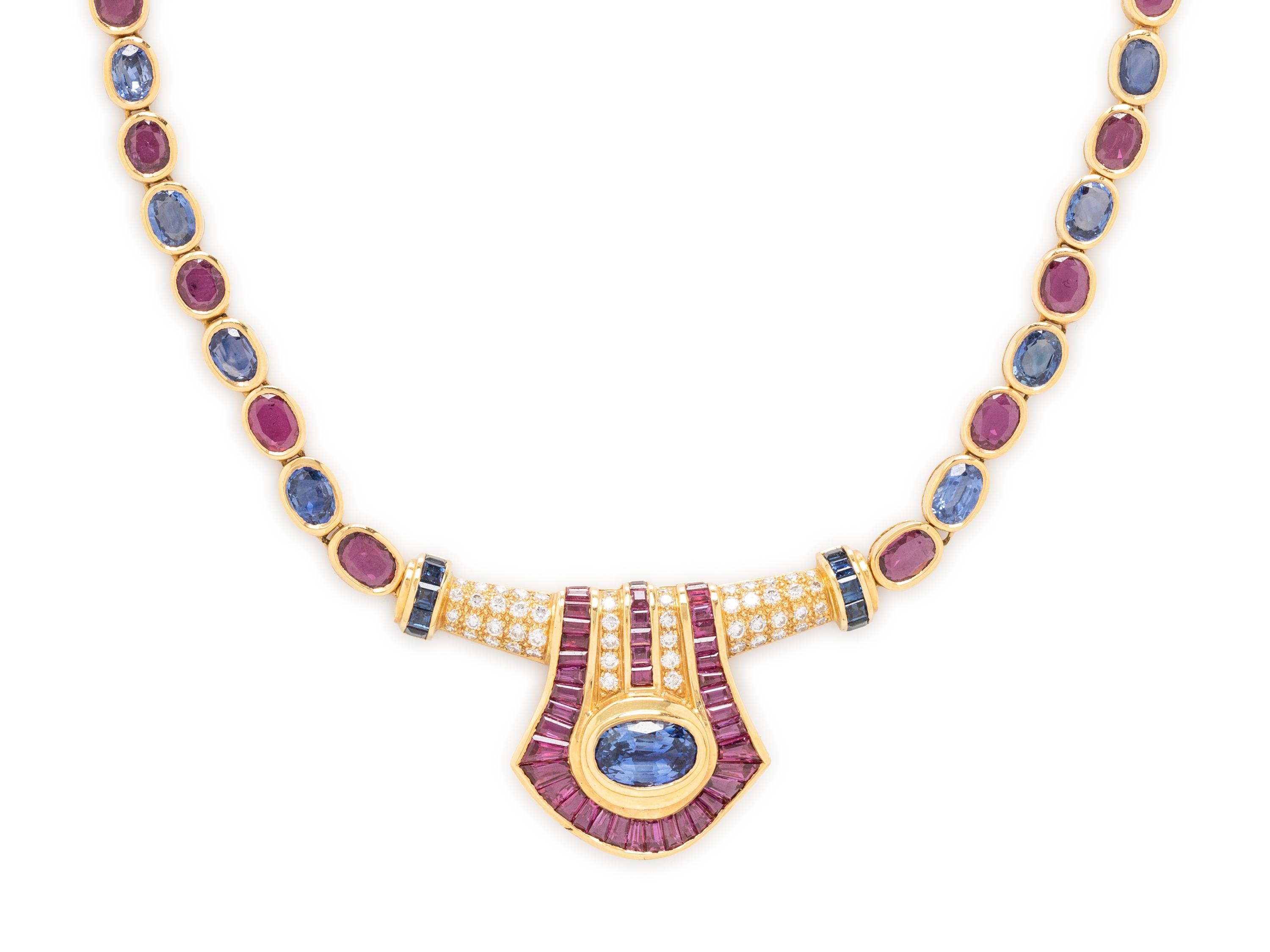 SAPPHIRE, RUBY, DIAMOND AND YELLOW GOLD NECKLACE
