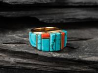 18K Gold Ring, with Red Mountain Turquoise and Japanese Coral Height Inlay