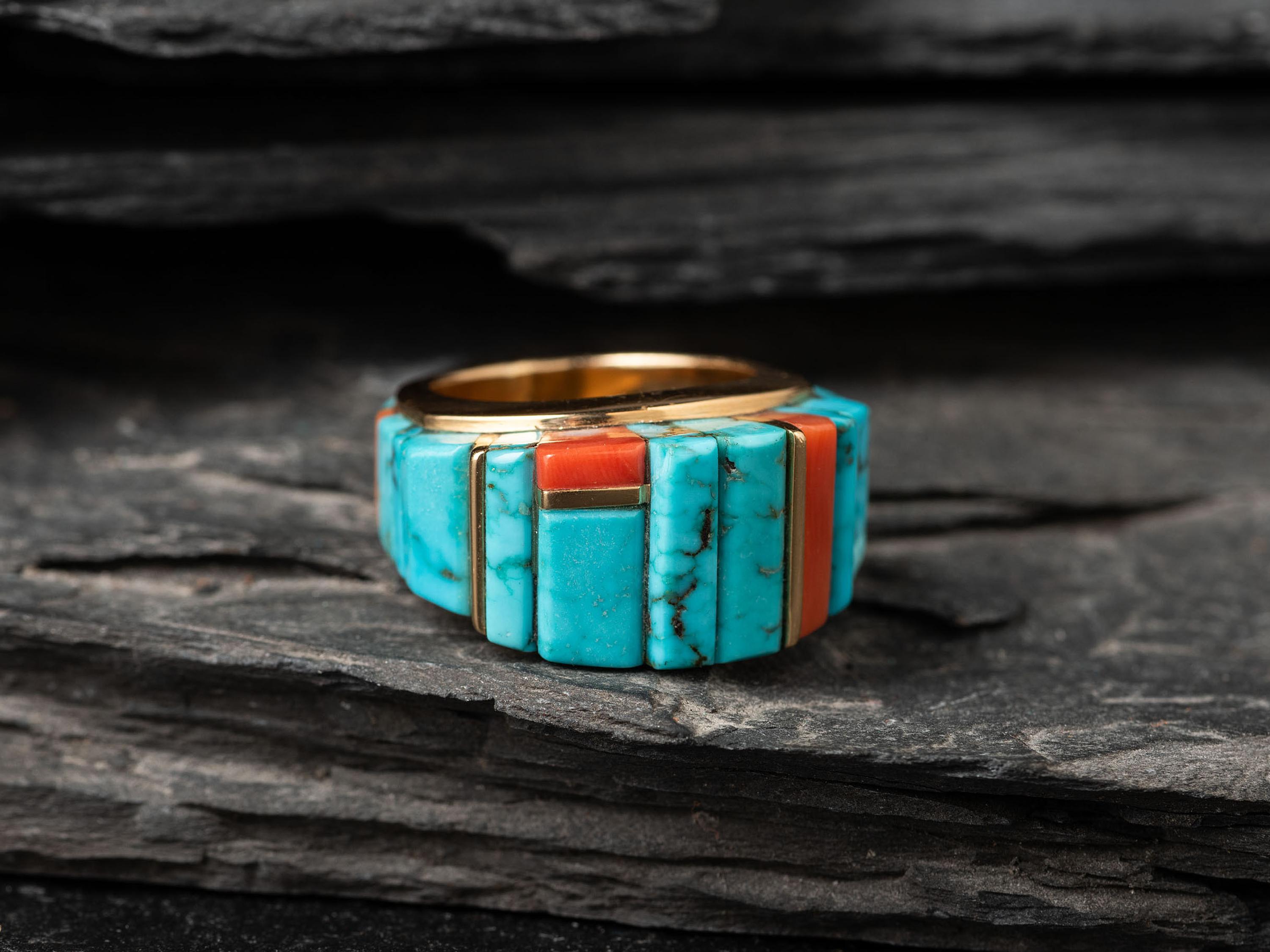 18K Gold Ring, with Red Mountain Turquoise and Japanese Coral Height Inlay