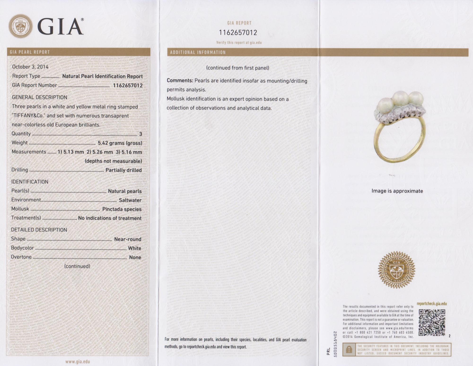 A Platinum, Yellow Gold, Natural Pearl and Diamond Ring, Tiffany & Co., 3.40 dwts.