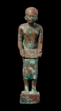 An Egyptian Bronze Seated Imhotep Height 5 1/2 inches. — LATE PERIOD TO PTOLEMAIC PERIOD, 664-30 B.C.E.